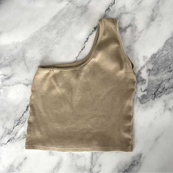 Beige One Shoulder Rib-knit Crop Top‎ - Picture 3 of 4